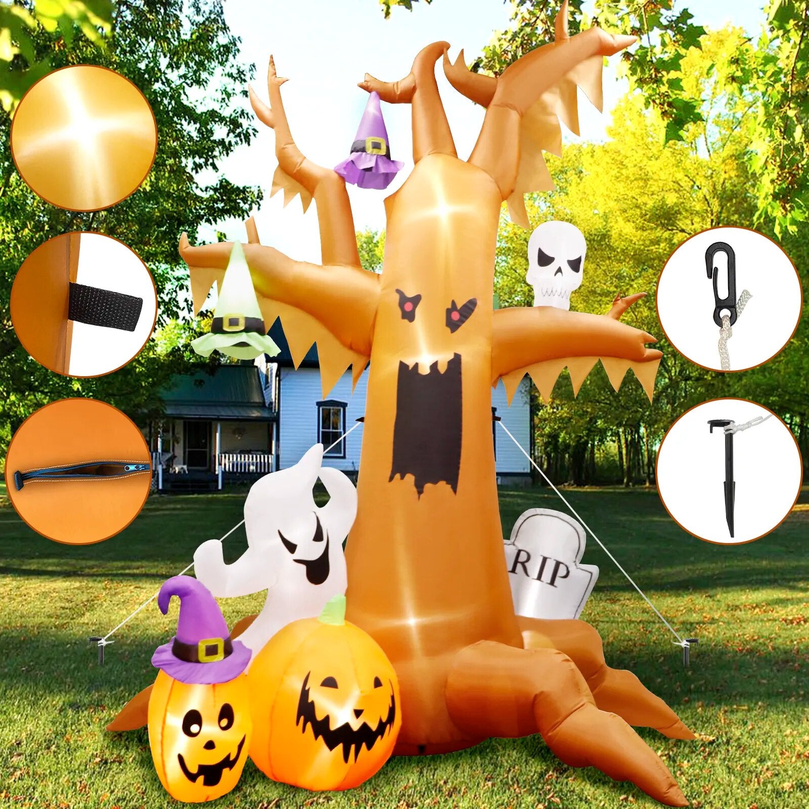 Halloween Inflatable Scary Tree With Ghost Pumpkin Skeleton Outdoor Decoration