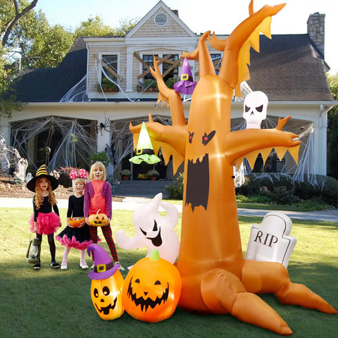 Halloween Inflatable Scary Tree With Ghost Pumpkin Skeleton Outdoor Decoration
